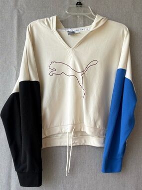 Puma Cream Colorblock V-Neck Hoodie with Blue & Black Sleeves